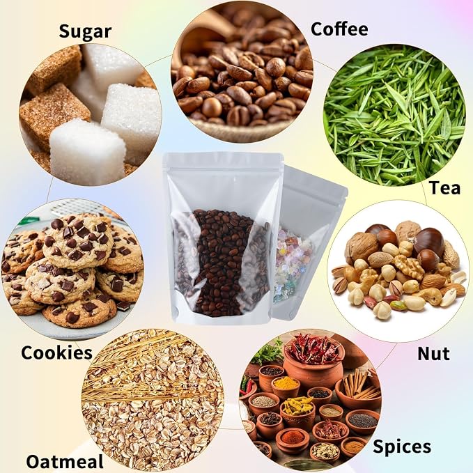 200 Mylar Bags for Food Storage 5X8 Mylar Bags with Window Candy Packaging Resealable Bags White Stand Up Pouches Edible Packaging for Small Business - Image 3