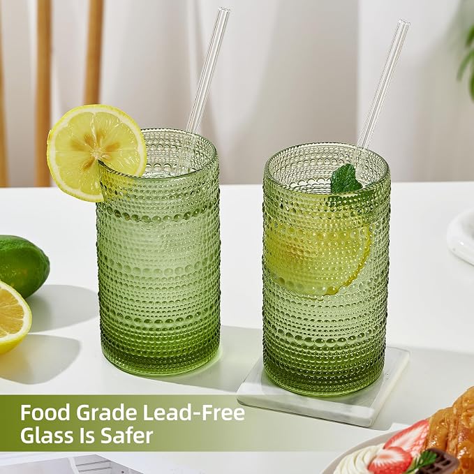 16oz Hobnail Drinking Glasses Set of 12, Vintage Large Capacity Embossed Green Tumblers, Highball Glasses for Water, Cocktail, Beer, Whiskey, Juice & Bar Use - Image 5