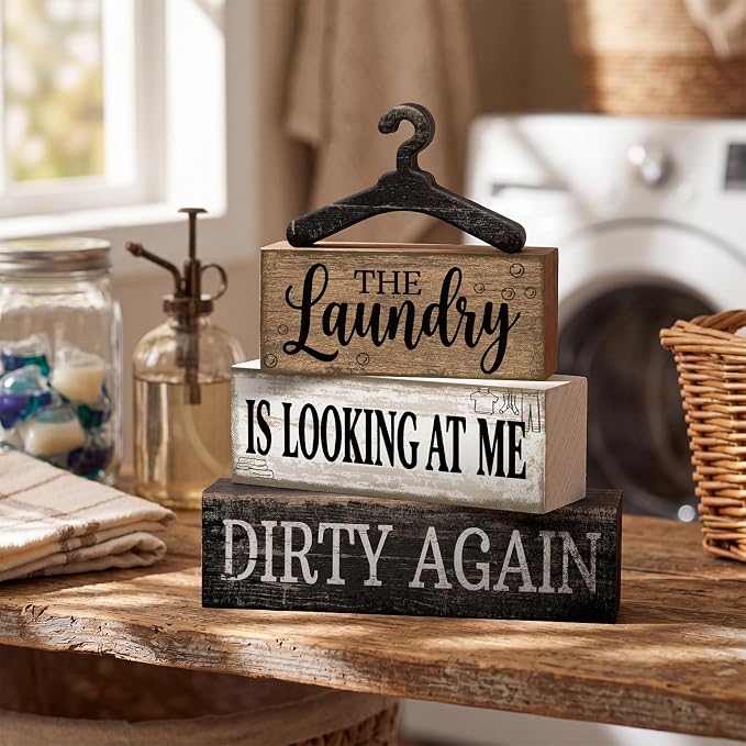 Moucuny 4 Pcs Farmhouse Laundry Room Decor and Accessories Stacked Blocks The Laundry Is Looking at Me Dirty Again Wooden Signs with Vintage Hanger - Rustic Farmhouse Sign for Home Bathroom Shelf Gift - Image 6