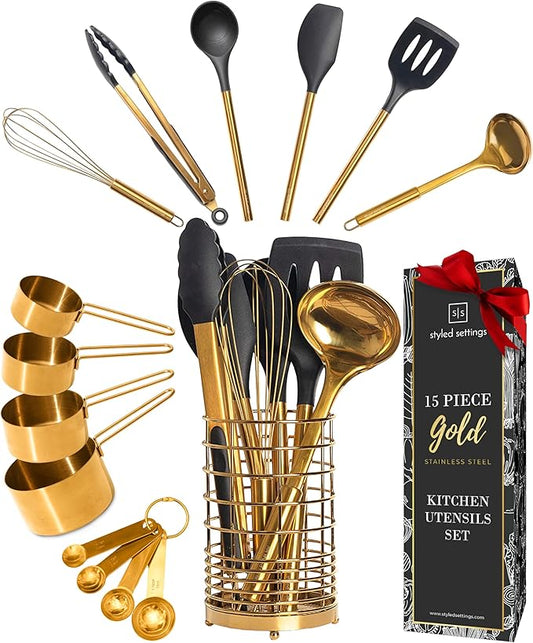 Styled Settings Black and Gold Kitchen Utensils Set, 15-Piece | Nonstick BPA-Free Silicone Cooking Utensils with Measuring Cups and Spoons - Luxury Kitchen Accessories for Stylish Cooking by STYLEDSETTINGS