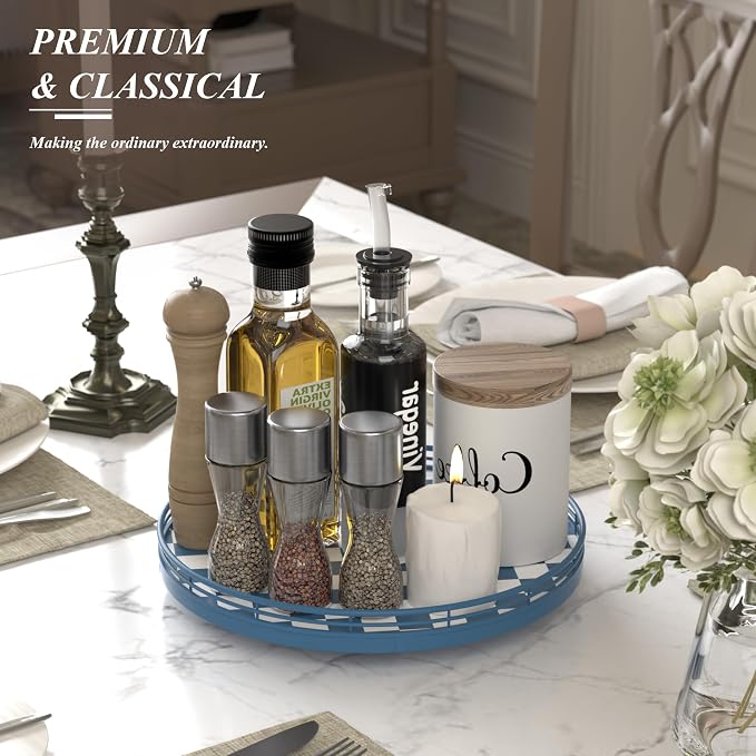 Blue and White Checkerboard Lazy Susan with Rubberwood Base and Metal Rail | Smooth rotating oak tray with walnut finish for dining tables, kitchen counters, pantries and cabinet storage. - Image 4