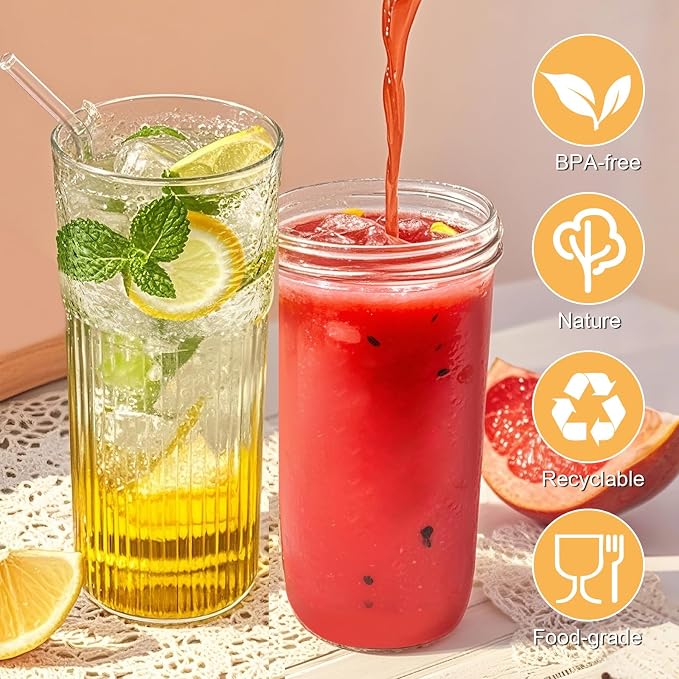 32oz Ribbed Glassware Large Cup, Glass Cups With Lids And Straws,Iced Coffee Cups With Lids,Glasses Drinking Set,Cute Cups,Boba Cup,With Straw Brush,Ideal Gift - Image 2