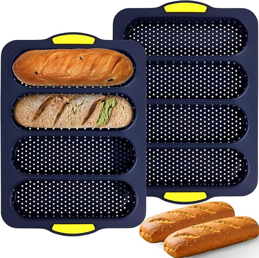 2 Pcs Silicone Bread Loaf Pan, Non-Stick Baguette Bread Pan Food Grade, 4-Cavity Perforated French Baking Mold for Homemade Bread, French Baguette, Sandwich Rolls