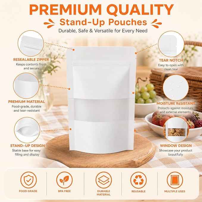 100 Pcs White Kraft Paper Bags with Window, 5.5" x 7.9" Stand Up Pouches Bags, Food Storage Bags for Packaging Products, Reusable, Sealable - Image 4