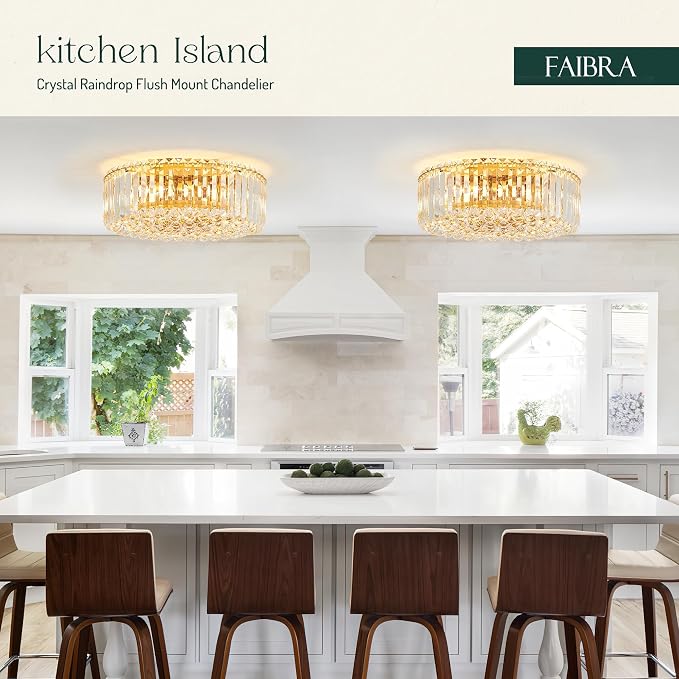 17.3" Gold K9 Crystal Raindrop Flush Mount Ceiling Light, Modern Chandelier, Round Luxury Light Fixture for Dining Room, Bedroom, Hallway, Kitchen Island & Living Room - Image 6