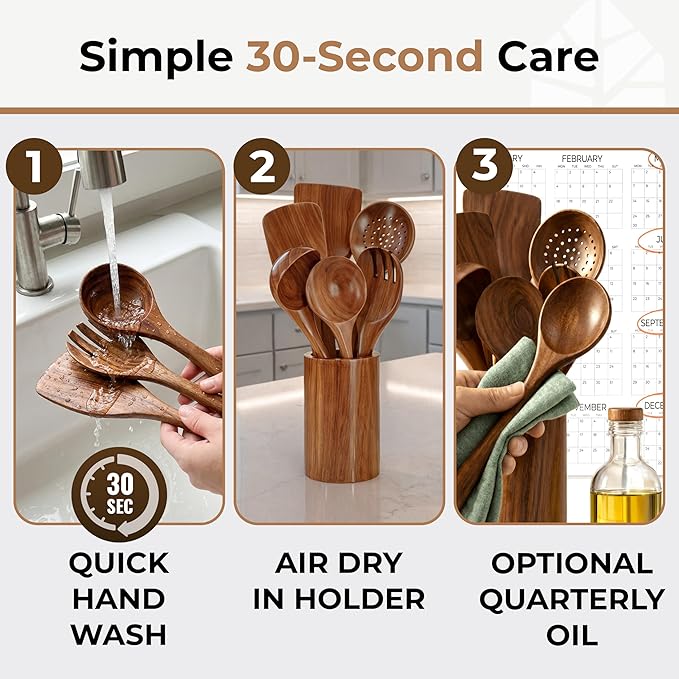 Wooden Utensil Set, 8 Pcs Teak Wooden Spoons for Cooking with Holder | Includes Spatula, Turner, Ladle, Skimmer, Spoon Rest & 6 Hooks – Sturdy, Non-Scratch, Easy to Clean - Image 4