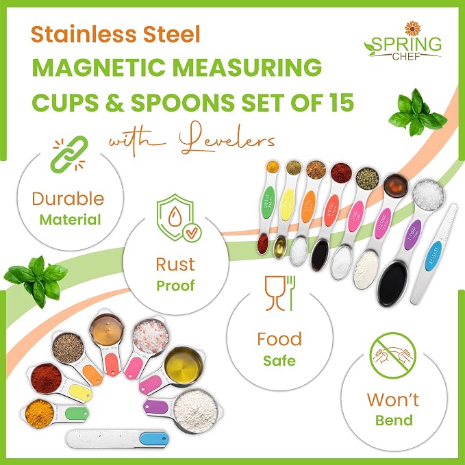 Spring Chef Magnetic Measuring Cups & Spoons Set of 15, Patented, Neon | Stackable Stainless Steel Measuring Cups & Heavy Duty Metal Measuring Spoons with Levelers for Dry & Liquid Ingredients - Image 4