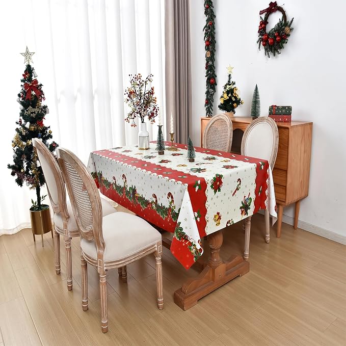 Christmas Tablecloth Heavy Duty Vinyl Red 54x72 inch Square Christmas Table Cloth Reusable Waterproof Foldable Plastic Tablecloths PVC Xmas Table Cover for New Year Party Decor - Image 3