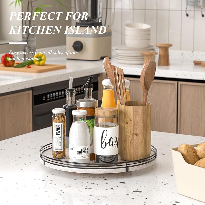 AMH 16-Inch Whitewashed Farmhouse Oak Lazy Susan Organizer | Smooth rotating oak tray with walnut finish for dining tables, kitchen counters, pantries and cabinet storage. - Image 2