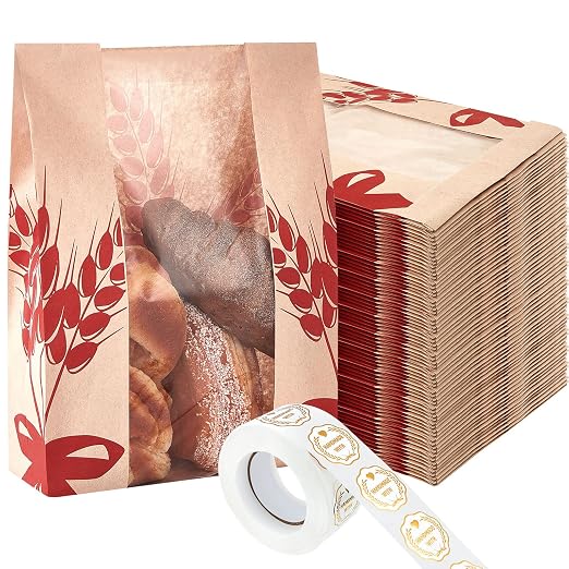 Gueevin 1000 Pcs Kraft Paper Bread Bag for Homemade Bread Large Sourdough Loaf Bag with Clear Window Bakery Food Package Storage with 500 Pcs Sticker for Popcorn Cookies, 14x8.3x3.2'' by Gueevin