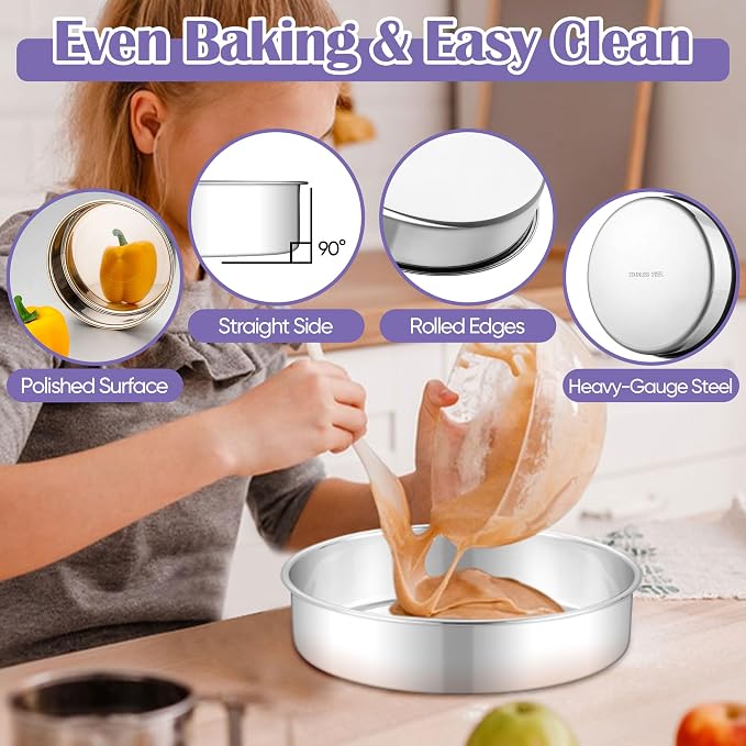 E-far 9 Inch Round Cake Pan, 2-Piece Stainless Steel Round Baking Mold Tins - Non-Toxic & Leak-Proof for Birthday Wedding Layer Tiered Cake, Easy Clean & Dishwasher Safe - Image 3