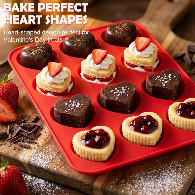 HKNMTT 2Pcs Silicone Heart Molds for Chocolate Muffin 12-Cavity Nonstick | 2.2 Inch，BPA-Free，Oven Safe Mold for Cakes Jello Soap Cupcake Dessert, Valentine's Day - Image 2