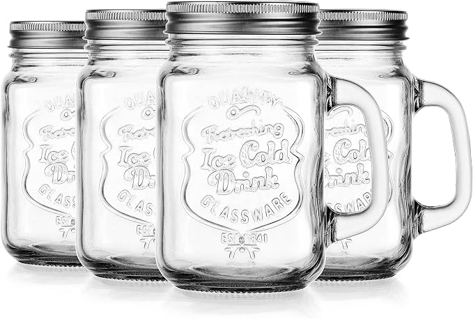 Glaver's Mason Drinking Jars – Set of 4, 15.25 Oz Clear Glass Jar with Handle and Lid. – Ice-Cold Drink Glassware Logo – Glass Mugs Ideal for Cold Beverages, Juice, Smoothie, Cocktails. - Image 9