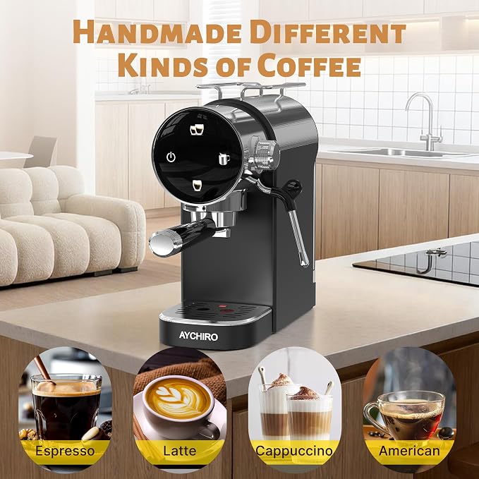 AYCHIRO 20 Bar Semi-Automatic Espresso Machine, Touch Panel Espresso Maker with Milk Frother Steam Wand, Cappuccino Latte Coffee Machine, Removable Water Tank for Home Barista,Soft Matte Black - Image 6