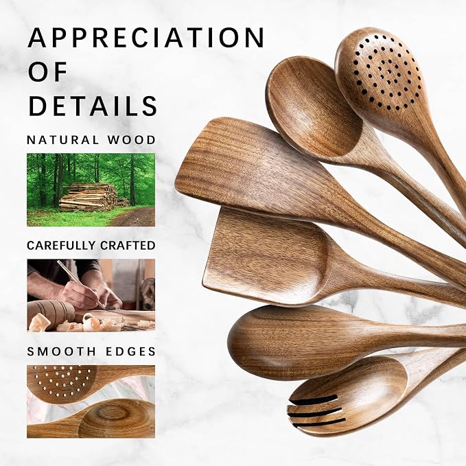 Wooden Spoons for Cooking, 6-Piece Acacia Wood Cooking Utensil Set | Spoons and spatulas stir, mix, flip and serve; balanced handles offer control while staying gentle on nonstick cookware. - Image 4