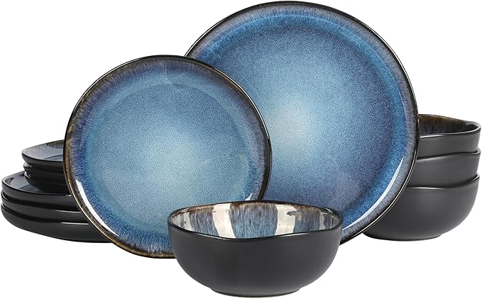 Gibson Elite Nardini 12 Piece (Service for 4) Plates and Bowls Reactive Glaze Dishes Stoneware Ceramic Dinnerware Set - Black and Blue by GibsonHomewares