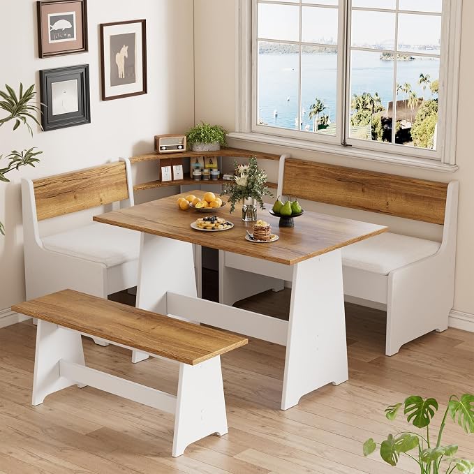 PAKASEPT Corner Breakfast Nook Table Set with Cushion, L-Shape Kitchen Dining Table with Bench, Farmhouse Wood Breakfast Nook Bench with Hidden Storage,White & Brown - Image 8