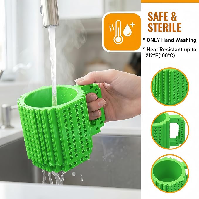 Lumsburry Build-on Brick Coffee Mug, Funny DIY Unique Novelty Drinking Cup | Building Blocks Creative Mug, for Men Women Kids Dad Mom, Present Exchange Ideas, Xmas Birthday White Elephant(Green) - Image 3