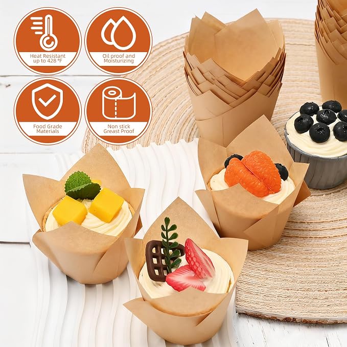 200pcs Natural Tulip Cupcake Liners, Premium Muffin Liners Holders for Baking Cups, Greaseproof Cupcake Wrappers in Standard Size, Classic Parchment Paper Cupcakes Liner by JIRNGLA - Image 4