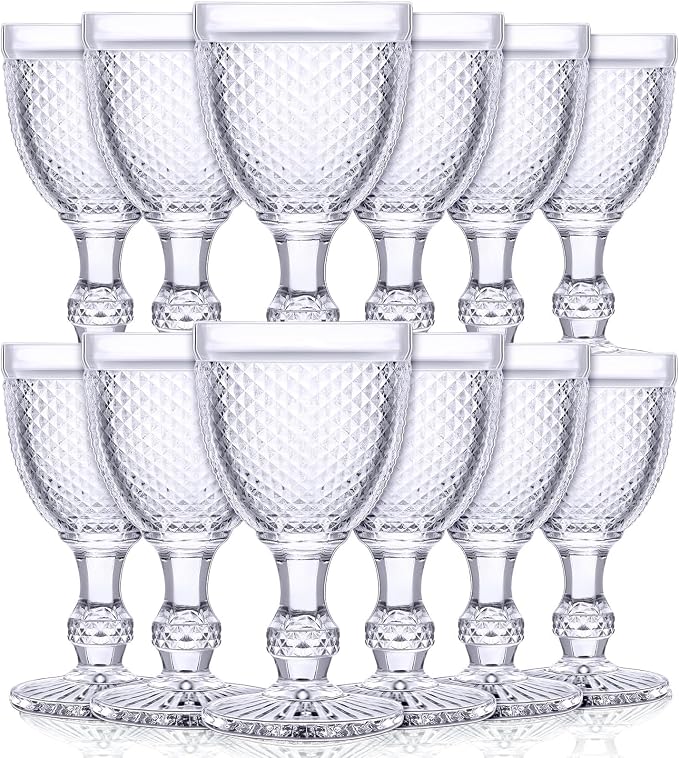 Bokon 12 Pack Purple Glass Goblets Set 10 oz High Clear Wine Glass Vintage Water Goblets Cups Embossed Diamond Design Glassware with Stem for Drinking Juice Liquor Party Wedding Bar by Bokon