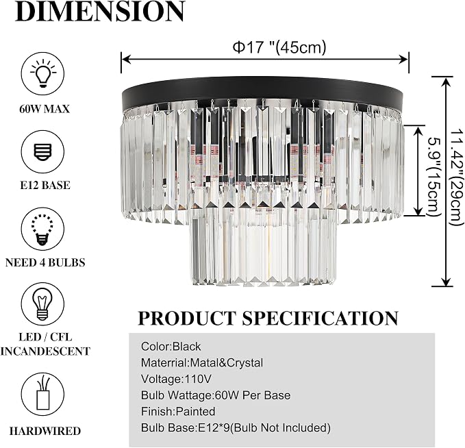 17" 9 Light Black Crystal Ceiling Light for Dining Room | K9 Crystal, Stainless Steel, 2 Tier, E12 Base, Flush Mount, for Kitchen Island Living Room Bedroom Entryway - Image 6
