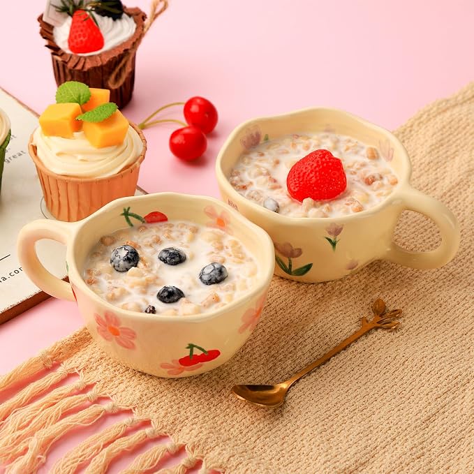 VanEnjoy Ceramic Cup, Cute Coffee Mug, Strawberry Mug, Aesthetic Coffee Mug, Retro Flower Mug, Ceramic Tea, 10oz/300ml for Tea Coffee, Milk and Oatmeal - Image 4