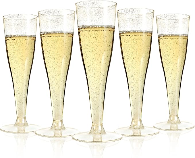 Bestluck 100Pack 4.5oz Gold Glitter Champagne Flutes Plastic | Plastic Disposable Stemware, Disposable Champagne Flutes for Party, Mimosa Bar, Wedding, Anniversary and Graduation by Bestluck