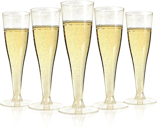 Bestluck 200Pack 4.5oz Gold Glitter Champagne Flutes Plastic | Plastic Stemware, Champagne Flutes for Party, Mimosa Bar, Wedding, Anniversary and Graduation by Bestluck