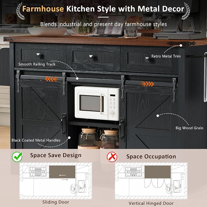 Farmhouse Kitchen Island on Wheels with Drop Leaf & Power Outlet, 53.7-Inch Rolling Storage Island Cart Breakfast Bar with Drawers, Sliding Barn Door Cabinets, Spice Rack (Black) - Image 4