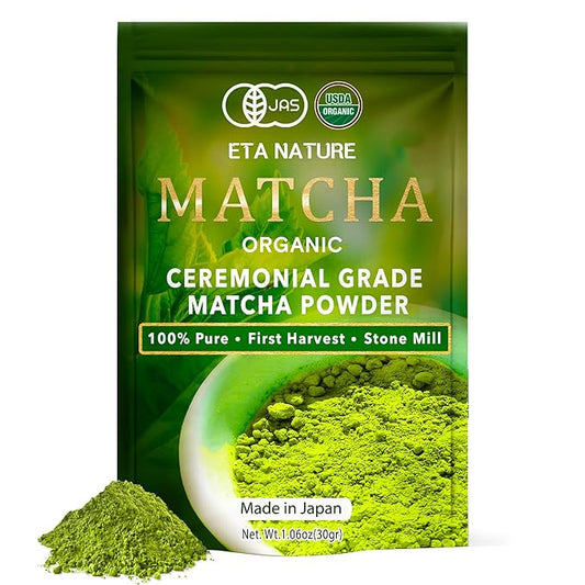 ETANATURE Premium Ceremonial Grade Matcha Powder - Matcha Green Tea Powder for Metabolism, Brain and Sleep - JAS Certified Matcha Grade from Japan Kagoshima Farms 30 Servings - Ceremonial Tea 30g