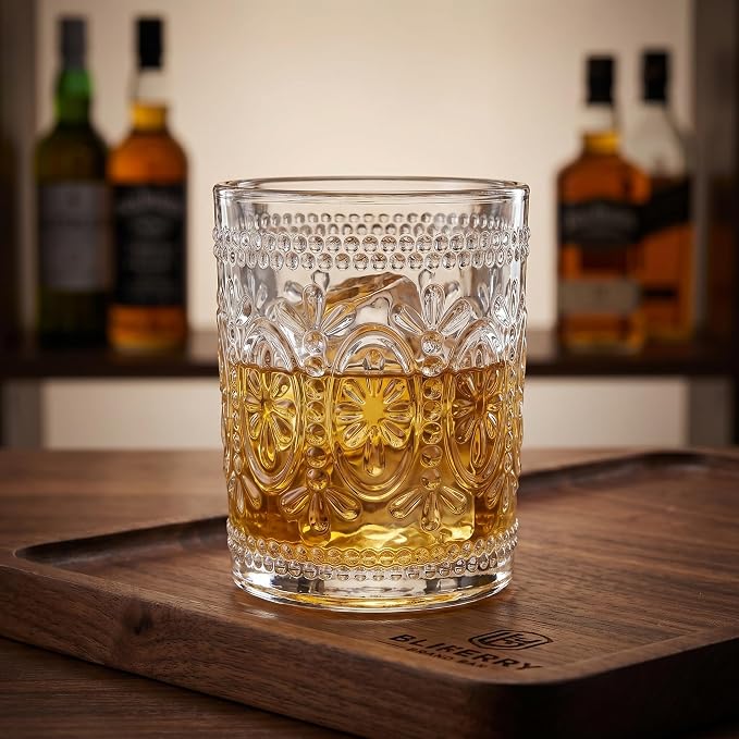Bekith 6 Pack Drinking Glasses, 9.5 oz Romantic Water Glasses, Clear Embossed Glass Cups Vintage Glassware Set for Whisky, Juice, Beverages, Beer, Cocktail - Image 6