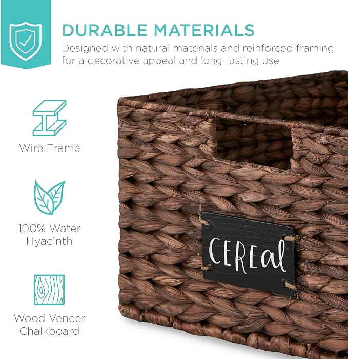 Best Choice Products Pantry Baskets Set of 2 16x12in Water Hyacinth Storage Baskets, Woven Wicker Kitchen Organizers with handles w/Chalkboard Label Chalk Marker - Brown - Image 5