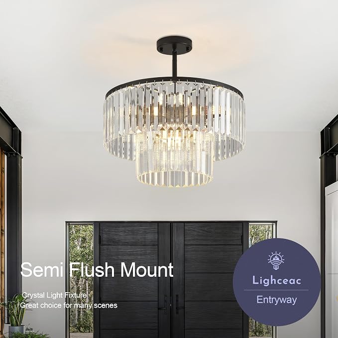 17.7" Black Semi Flush Mount 2-Tier Crystal Ceiling Light Fixtures for Dining Room Modern Luxury 8-Light Chandeliers Lighting for Bedroom Entryway Hallway Kitchen Island Living Room Foyer - Image 5