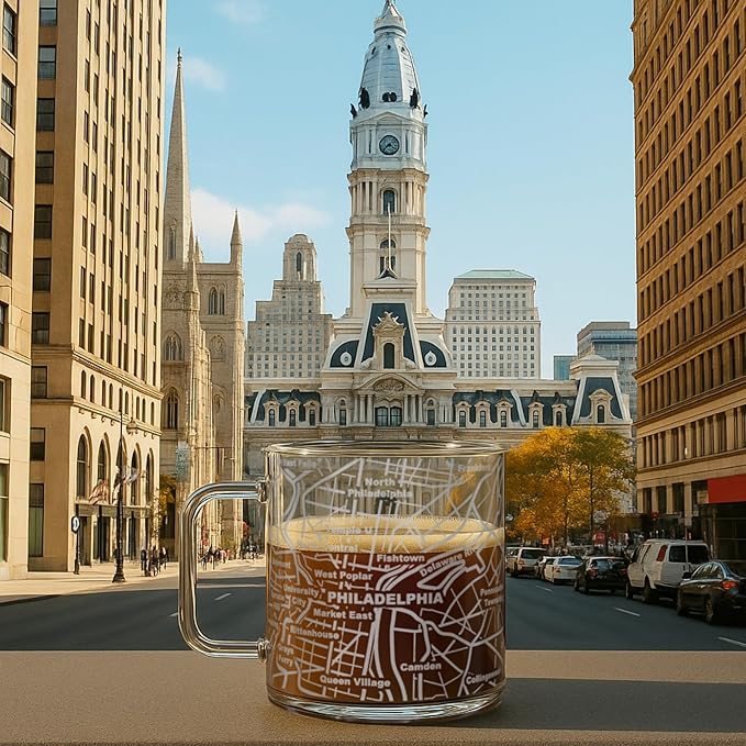 Greenline Goods – Philadelphia, PA Map Glass Coffee Mugs (Set of 2), 16 oz – Etched Wrap Design