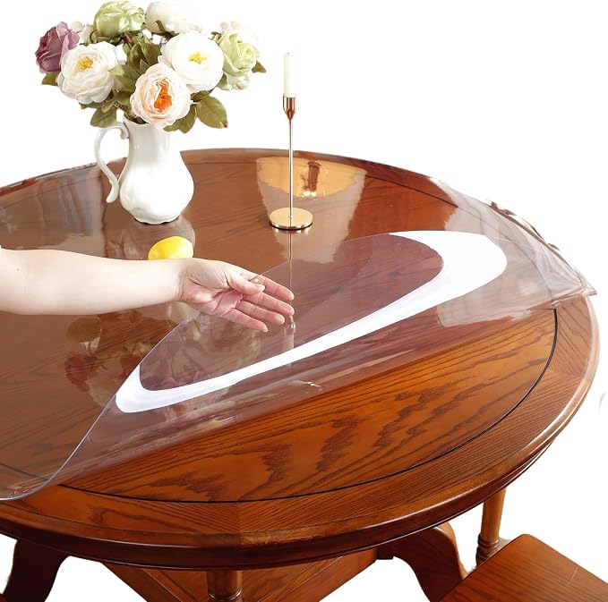 Round Table Protector 48 Inch Thick Table Cover Protector Round Plastic Waterproof PVC Tablecloth Vinyl Circle Table Top Protector for Dining Room Coffee Home Essentials by Unknown