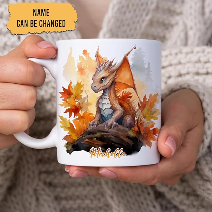 Hyturtle Personalized Fall Dragon Maple Leaves Coffee Mug Gifts on Birthday | Gifts For Dragon Lovers - Fall Autumn Decor Gifts For Farmhouse Thanksgiving - Custom Name 11oz White Ceramic Coffee Tea Mug - Image 2