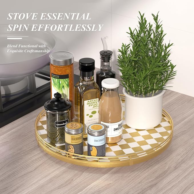 AMH 16-Inch Gold and White Checkerboard Lazy Susan with Rubberwood Base | Smooth rotating oak tray with walnut finish for dining tables, kitchen counters, pantries and cabinet storage. - Image 4