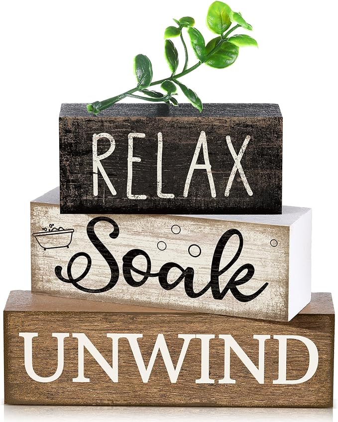 Moucuny 4 Pcs Bathroom Shelf Decor Sign Farmhouse Bathroom Decor and Accessories Rustic Eucalyptus Leaves Wood Block Sign Gift Relax Soak Unwind Farmhouse Table Centerpiece for Home Toilet by Moucuny
