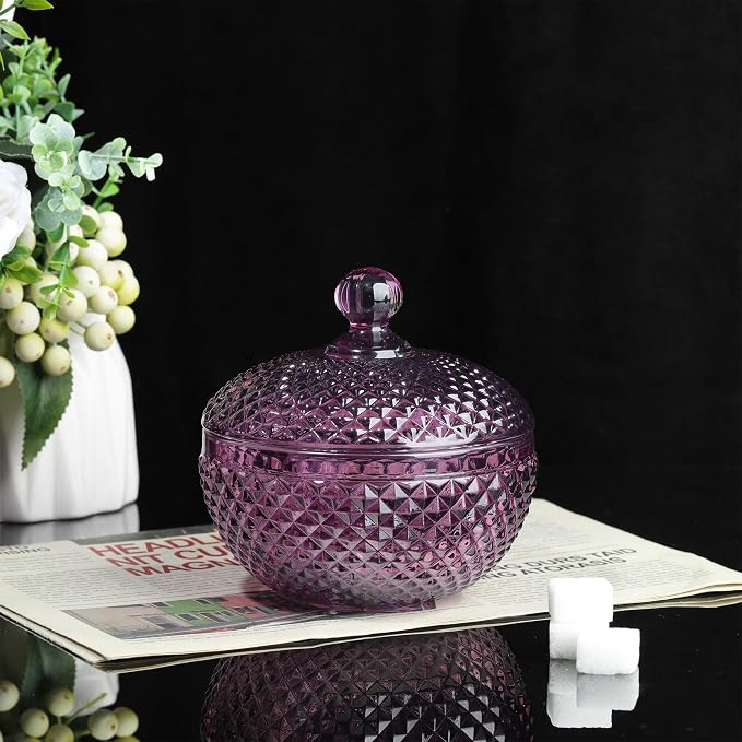 Joeyan 12 oz Small Dark Purple Glass Jars with Lid,Embossed Candy Dishes,Diamond Faceted Food Container,Decorative Jewelry Box Apothecary Canisters,Colored Kitchen Bathroom Buffet Storage Organizer - Image 2