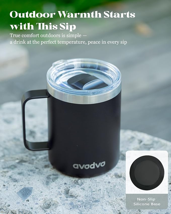 12oz Insulated Coffee Mug with Lid – Includes Two Lids, Stainless Steel Coffee Travel Mug with Handle, Double Wall Vacuum Insulated Camping Mug for Home, Office & Outdoor, Cool Gray - Image 6