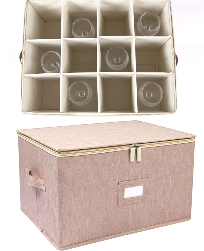 Wine Glass Storage Box, Stemware Storage Containers Cases with Dividers | Stackable Moving Supplies for 12 Wine Glasses, Drinkware , Glassware or Crystal, Hard Top and Stackable (Beige) - Image 5