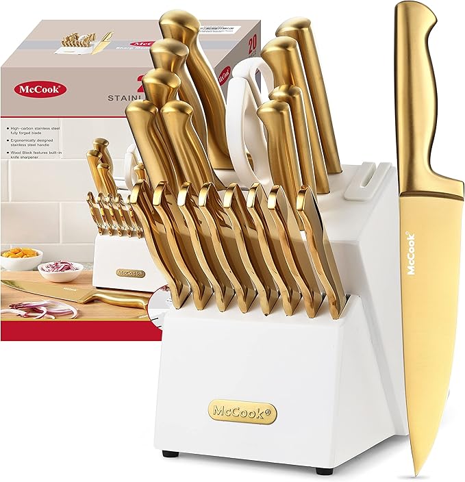 McCook® Kitchen Knife Sets, Golden Titanium Stainless Steel Knives Block Set with Built-in Sharpener, 20 Piece Knives, Restaurant Grade Sharp, Elegant Gold & Stylish Wooden Block for Modern Culinary | German Forged Stainless Steel,20 PC,Razor Sharp,Ant... by McCook