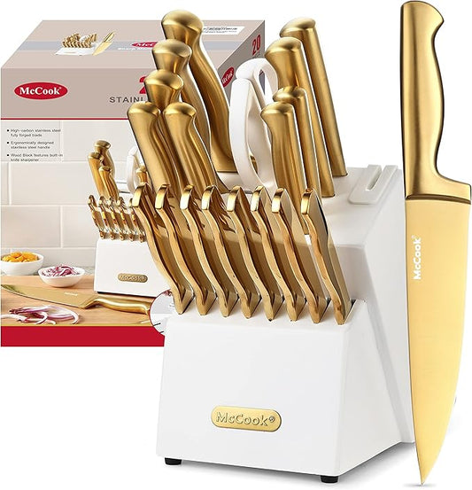 McCook® Kitchen Knife Sets, Golden Titanium Stainless Steel Knives Block Set with Built-in Sharpener, 20 Piece Knives, Restaurant Grade Sharp, Elegant Gold & Stylish Wooden Block for Modern Culinary | German Forged Stainless Steel,20 PC,Razor Sharp,Ant... by McCook