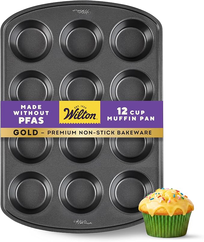 Wilton Gold Non-Stick Muffin Pan, Made Without PFAS, 12-Cup | Non-Stick Steel with Scratch-Resistant Coating, Resists Warping, Extended Handles, Dishwasher Safe, Perfect for Cupcakes by Wilton