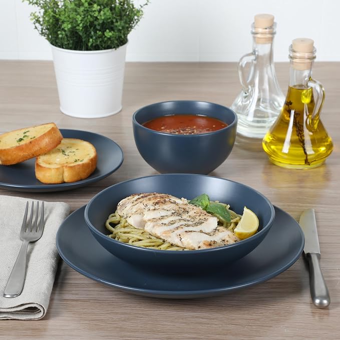 Gibson Home Queenslane 16-Piece Matte Blue Stoneware Dinnerware Set – Double Bowl Plates and Bowls, Durable Kitchen Dinner Set - Image 3