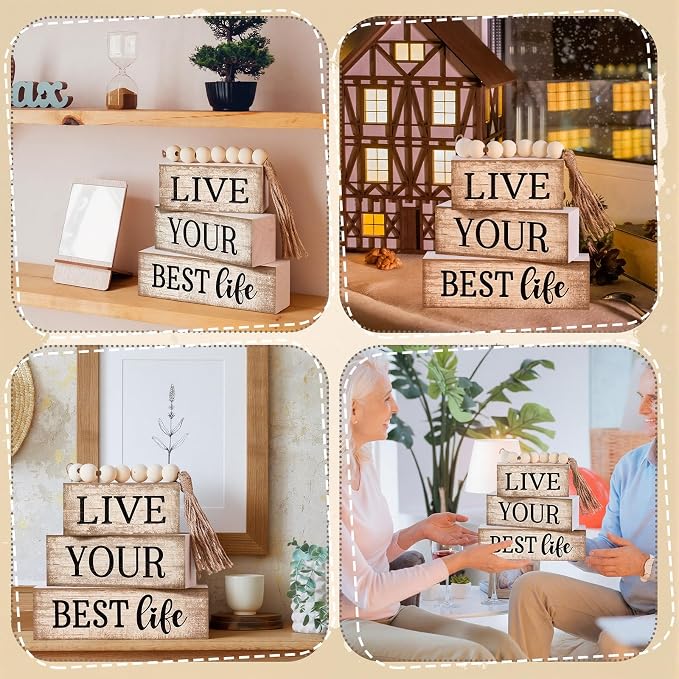 Moucuny 4 Pcs Farmhouse Table Decor Inspirational Wooden Signs Rustic Beaded Wooden Block Gift Sign Live Your Best Life Farmhouse Table Centerpiece for Living Room Housewarming Gift - Image 4