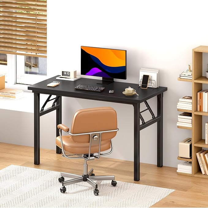 DlandHome 39.4 Inch Small Folding Computer Desk for Home Office, Black | Foldable Writing Table for Small Spaces Bedroom, No Assembly Required, Wood Top Metal Frame, Collapsible Compact Easy Storage - Image 2
