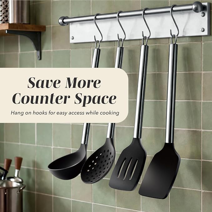 COOK WITH COLOR Silicone Cooking Utensils, Kitchen Utensil Set, Easy to Clean Silicone Kitchen Utensils, Cooking Utensils for Nonstick Cookware, Kitchen Gadgets Set, 10 Pieces, Black - Image 4