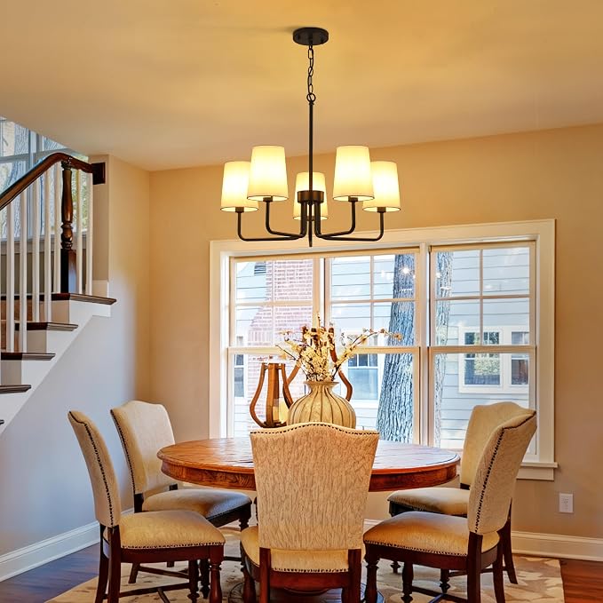 5-Light Farmhouse Chandelier with White Linen Shades | Adjustable Height 25"-76.5", Easy Install, Pendant Light for Kitchen Dining Room Foyer - Image 2