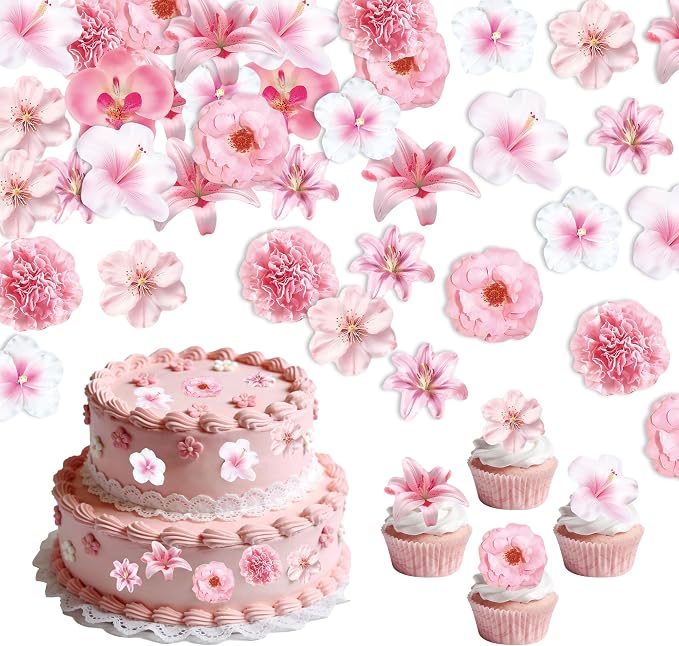 72 PCS Edible Flowers Cupcake Toppers Wafer Paper Flower Birthday Party for Baby Shower Wedding Birthday Party Cake Food Decorations Supplies by Unknown